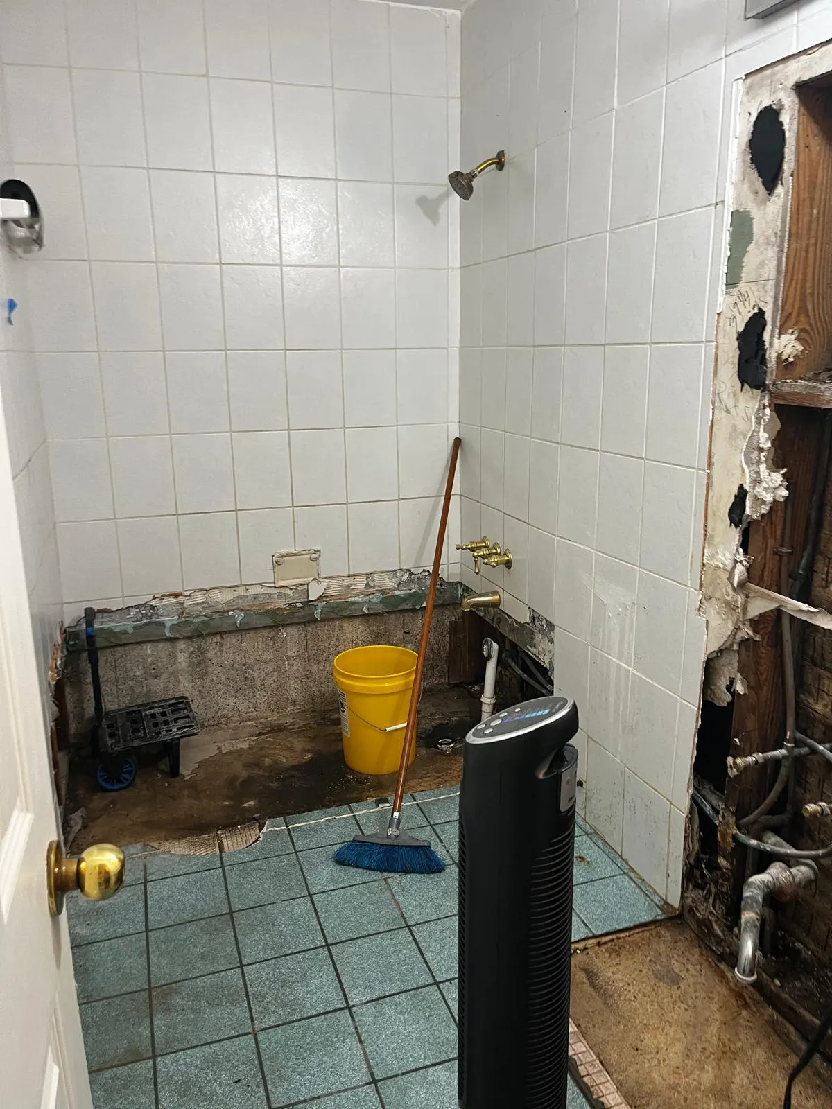 Bathroom under repair showing tile removal and plumbing access