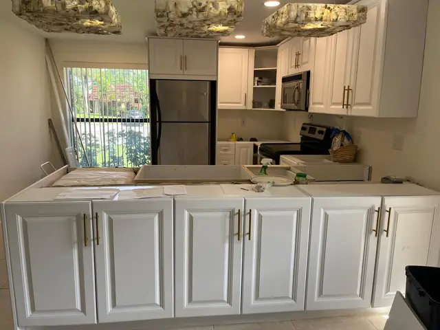 Waterfall-edge marble kitchen countertop detail